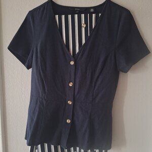 Vera Moda Navy & White Striped Skirt Set. Solid Top.  Never Worn Size M